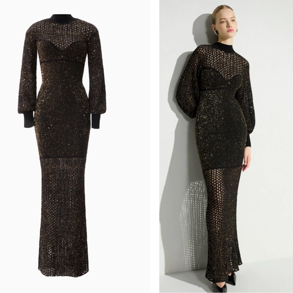 Dodiee GAIA crochet sequin maxi dress in black gold long sleeve - Picture 1 of 15